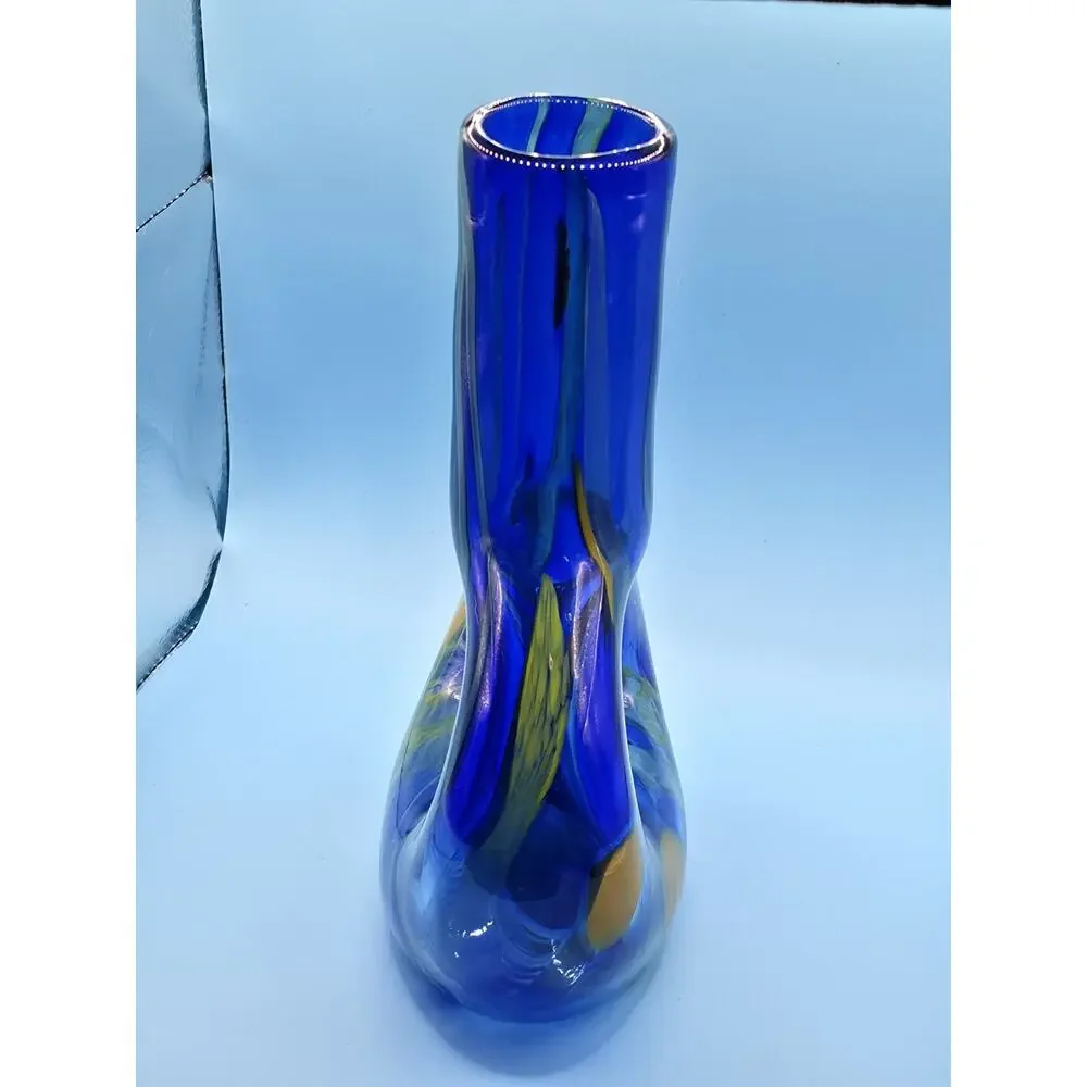 Signed Romanian Art Glass Vase Cobalt Blue Yellow Blown Studio Glass Vintage MCM